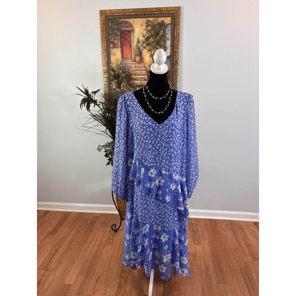 Cato Women Maxi Dress XL Floral Cottage-core Balloon Sleeve Zipper Back Ruffled
